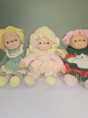 Vintage 1980s Handmade Crochet 13" Doll Lot of 3 - Dumplin Designs Yarn Style